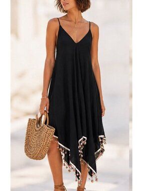 MIMI Black Dress Asymmetrical Pompom Beach Coastal Casual Boho Chic Grunge SMALL